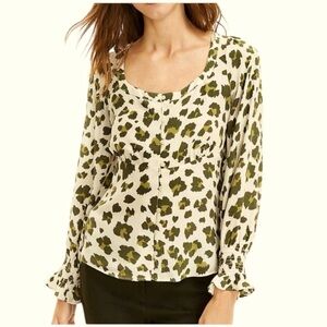 NWT Loft Ivory Green Cheetah Print Smocked Cuff Button Down Shirt Large Reg. $64